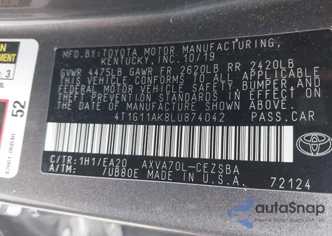 2020 Toyota Camry Se from USA, damaged, VIN 4T1G11AK8LU874042